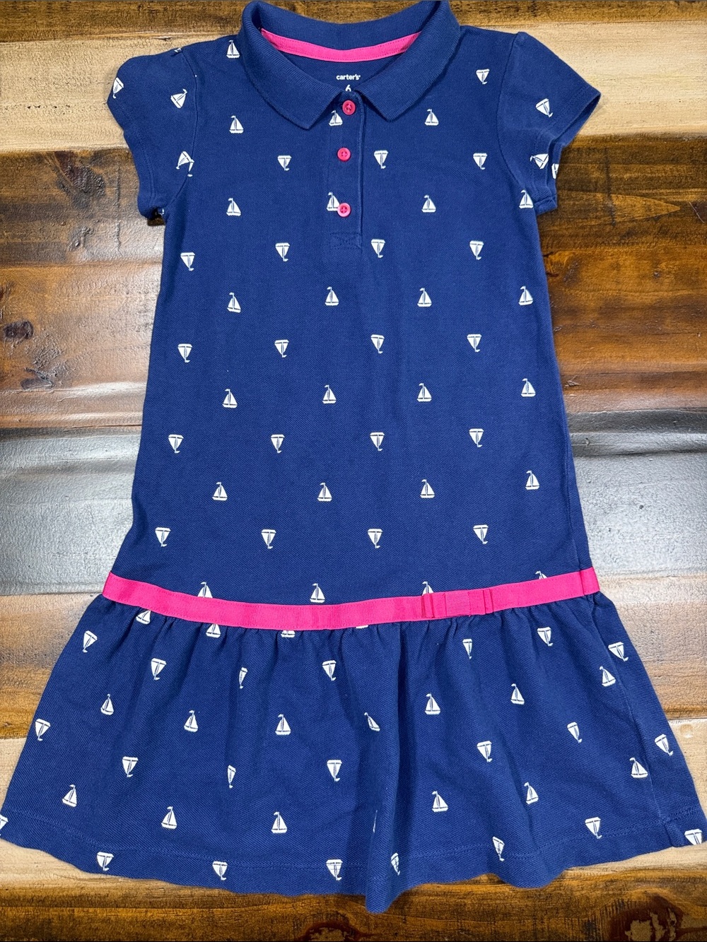 Carter's Navy Polo Dress with Pink Trim and White Sailboats